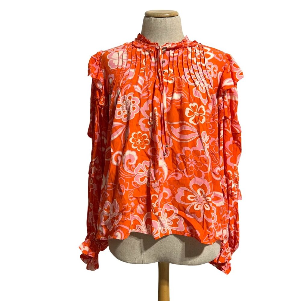 Karlie Women's M Orange Floral Ruffle Long Sleeve Blouse Flowy Design